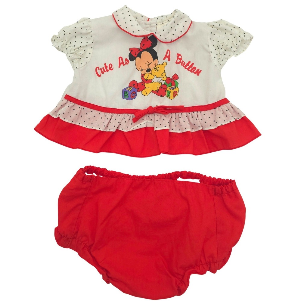 Disney Babies Minnie Mouse Cute As A Button Vintage 1980s Outfit Set 0-6M